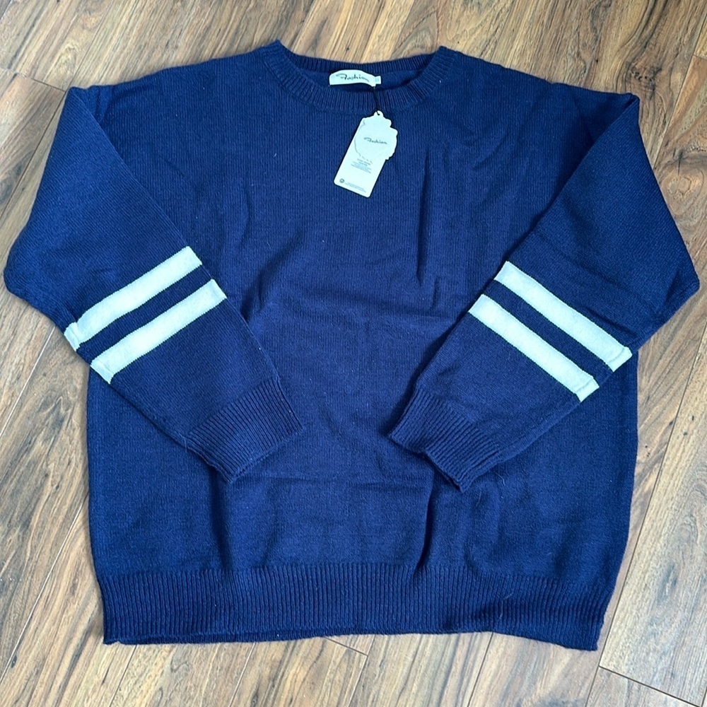 Fashion, extra extra large sweater with striped sleeves navy blue and cream